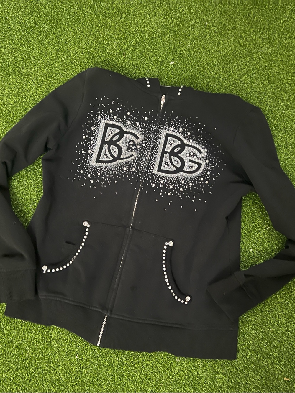 BCBG Max Azria Y2K Black Rhinestone Zip-Up Hoodie – Cybercore Aesthetic